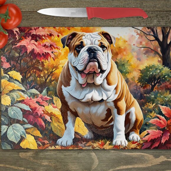 English Bulldog Dog Fall Kitchen Textured Tempered Glass Trivet/Cutting Board - Picture 1 of 1